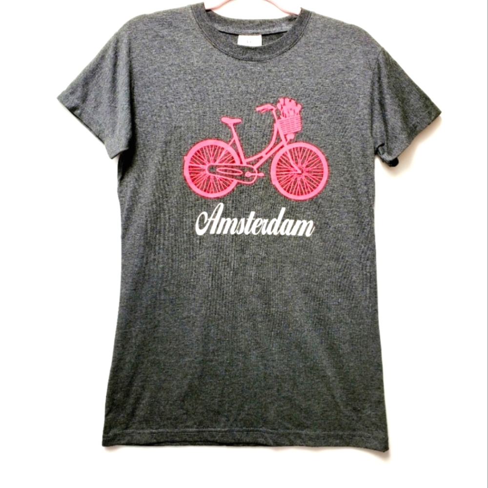 Amsterdam Pink Bicycle Gray Short Sleeve 100% Cotton Tshirt Size S/M